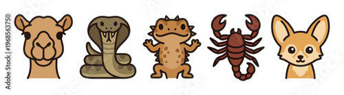 A collection of five adorable cartoon desert animals including a camel, cobra, lizard, scorpion, and fennec fox, displayed against a white background.