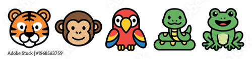 A delightful collection of five cheerful cartoon jungle animals, including a tiger, monkey, parrot, snake, and frog, rendered in a simple, flat vector style on a clean white background.