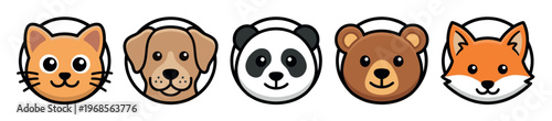 A collection of five simple, flat, cartoon-style animal faces including a cat, dog, panda, bear, and fox, with bold outlines on a white background.
