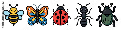 A charming collection of five cartoon insects including a bee, butterfly, ladybug, ant, and beetle, presented in a clean, flat design style on a white background.