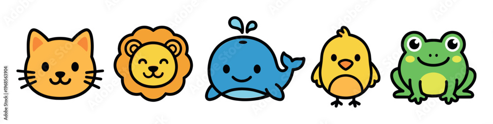 Obraz premium A set of five adorable, simplified cartoon animals including a cat, lion, whale, chick, and frog against a clean white background.