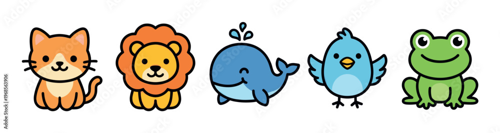 Obraz premium A cheerful collection of five simple, stylized cartoon animals including a cat, lion, whale, bird, and frog, set against a white background, perfect for children's media.