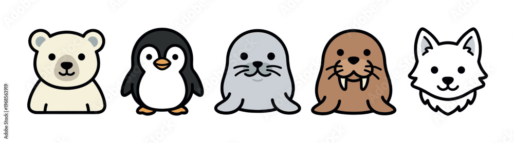 Obraz premium A collection of five adorable, cartoon-style Arctic animals including a polar bear, penguin, seal, walrus, and arctic fox in a single row.
