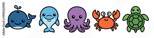 A collection of five cheerful, stylized cartoon sea creatures including a whale, dolphin, octopus, crab, and turtle, isolated on a clean white background.
