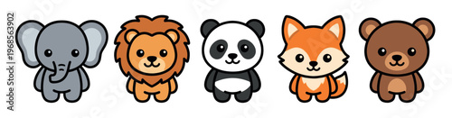 A delightful collection of five adorable cartoon animals, including an elephant, lion, panda, fox, and bear, presented against a clean white background, perfect for children's designs.