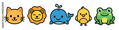 A set of five adorable, simplified cartoon animals including a cat, lion, whale, chick, and frog against a clean white background.
