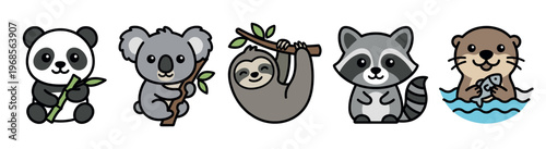 A playful collection of five adorable cartoon animals, including a panda with bamboo, a koala, a sloth hanging from a branch, a raccoon, and an otter holding a fish, all on a white background.