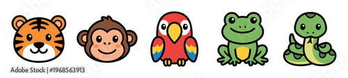 A vibrant and playful collection of five cute, cartoon-style jungle animals, including a tiger, monkey, parrot, frog, and snake, isolated on a white background.
