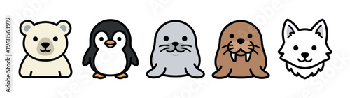 A collection of five adorable, cartoon-style Arctic animals including a polar bear, penguin, seal, walrus, and arctic fox in a single row.