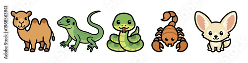 A collection of five charming cartoon desert animals, including a camel, lizard, snake, scorpion, and fennec fox, isolated on a white background.