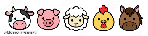 A collection of five adorable, cartoon-style farm animal faces, including a cow, pig, sheep, chicken, and horse, set against a clean white background for easy use.