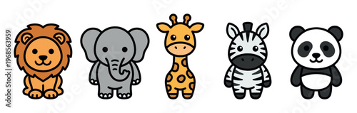 A group of adorable, simplified cartoon wild animals including a lion, elephant, giraffe, zebra, and panda, presented against a clean white background.