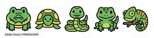 A charming collection of five cute, cartoon-style reptiles, including a crocodile, turtle, snake, frog, and chameleon, presented on a clean white background.