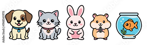 A charming collection of cartoon pets including a dog, cat, rabbit, hamster, and fish in a bowl, all with simple, friendly designs on a clean white background.