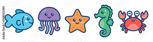 A vibrant collection of five adorable cartoon sea creatures, including a fish, jellyfish, starfish, seahorse, and crab, arranged in a line against a clean white background.
