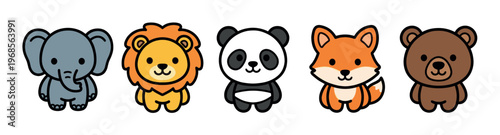 A charming collection of five stylized cartoon animals, including an elephant, lion, panda, fox, and bear, arranged in a row against a clean white backdrop, perfect for children's designs.