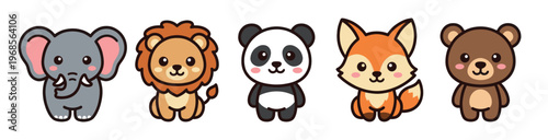 A collection of five adorable cartoon animals, including an elephant, lion, panda, fox, and bear, all depicted in a cute, simple style against a white background.