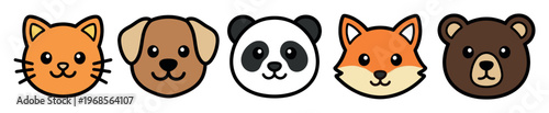 A collection of five cartoon animal faces, including a cat, dog, panda, fox, and bear, all rendered in a simple, graphic style on a white background.