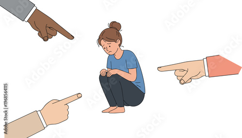 Sad frustrated young woman sitting on floor while multiple hands pointing fingers at her for social bullying and public shaming concept flat vector