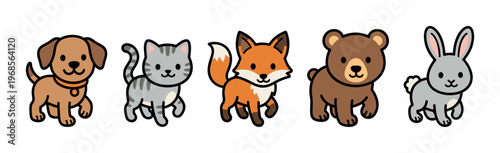 A charming illustration of a dog, cat, fox, bear, and rabbit walking in a line against a clean white background, suitable for children's themes.