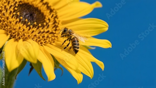 Close-up of a bee collecting pollen from a vibrant yellow sunflower against a clear blue sky