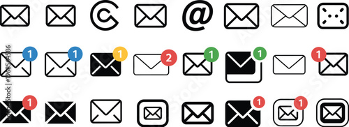 Email Icon Vector Set Featuring Envelopes, Notifications, and At Symbols for Messaging Apps, Communication, Email Marketing, and UI Design Interfaces