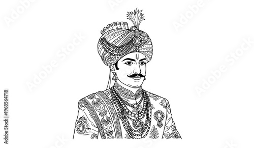 Black and White Maharaja Illustration – Regal Indian Royalty Vector Artwork