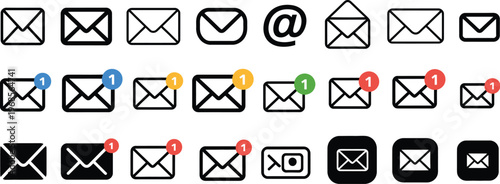 Email Icon Vector Set Featuring Envelopes, Notifications, and At Symbols for Messaging Apps, Communication, Email Marketing, and UI Design Interfaces