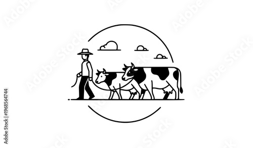 Flat Geometric Farm Scene – Farmer with Two Cows Vector Design
