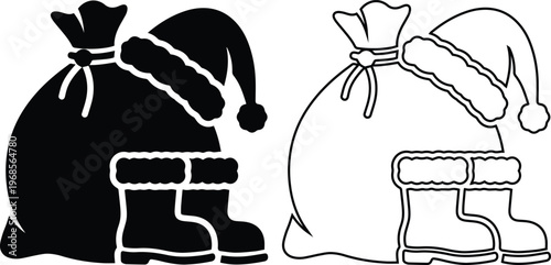 vector icon set featuring a Santa Claus sack full of Christmas gifts with a winter hat and boots in solid black silhouette and linear outline styles.