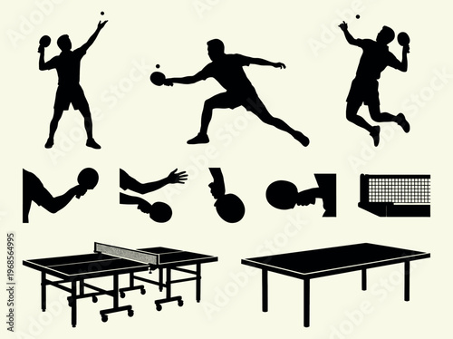 Dynamic Silhouettes of Table Tennis Players and Equipment.