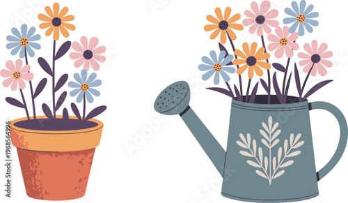 Flower pots and watering can set, cute garden plants floral decor vector illustration isolated design