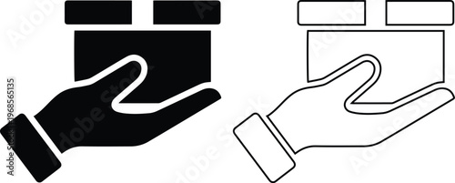 vector icon set featuring a human hand holding a cardboard shipping box or package for delivery and logistics in solid black silhouette and linear outline styles.