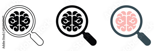 magnifying glass icons with brains, rank titles concept, performance metrics, progress levels, achievement badges, status hierarchy, research, study, and cognitive skill symbols, flat vector