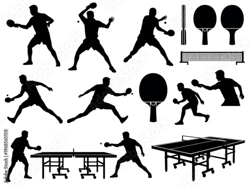 Dynamic Silhouettes of Table Tennis Players and Equipment in Various Action Poses.