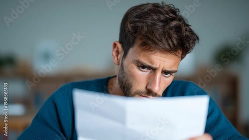 Covid testing at home, young man examining a document with concern indoors.