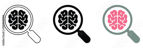 Magnifying glass icon set featuring brains, illustrated collection, rank titles visualization, level indicators, progress tracking, achievement milestones, status icons, intelligence and problem