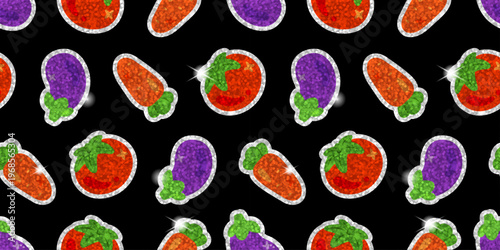 Seamless glitter sticker pattern with strawberries, tomatoes, carrots and eggplants on black background. Bright shiny repeating texture for fabric, wrapping paper, stationery, prints and packaging.