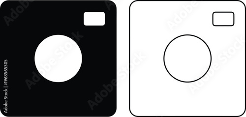 vector icon set featuring a square digital photo camera for social media and photography apps in solid black silhouette and linear outline styles.