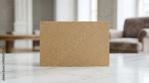 Blank kraft paper card on marble table in modern living room, mockup