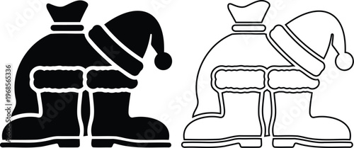 Vector icon set of Santa Claus gift sack, boots and hat in black silhouette and line outline styles isolated on white background for Christmas holiday present delivery concept.