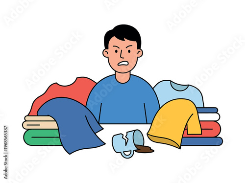 Frustrated man surrounded by laundry and a broken coffee cup.
