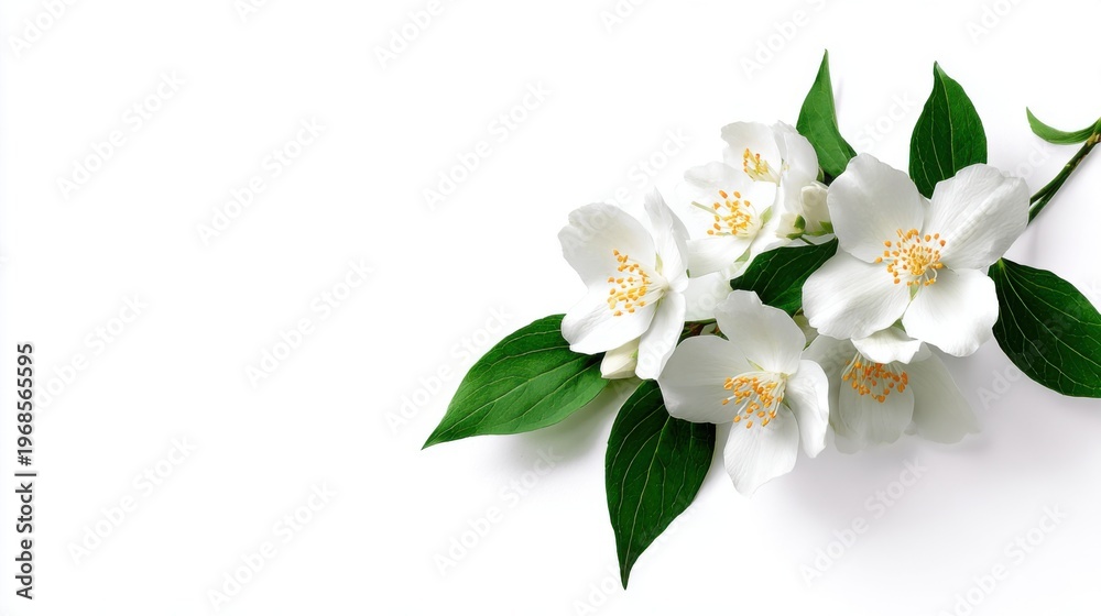 Fototapeta premium Fresh White Jasmine Flowers with Green Leaves on White Background