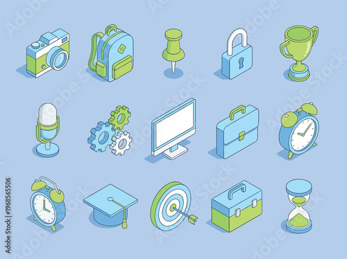 Isometric business and education icons set on a light blue background.