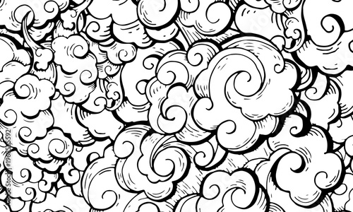 Japanese traditional cloud pattern hand drawn line art illustration. Black and white vintage aesthetic.
