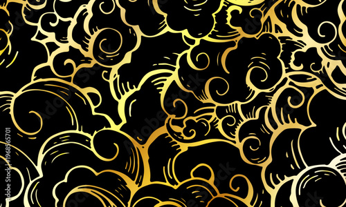Japanese traditional cloud pattern hand drawn line art illustration. Black and gold line art motif art.
