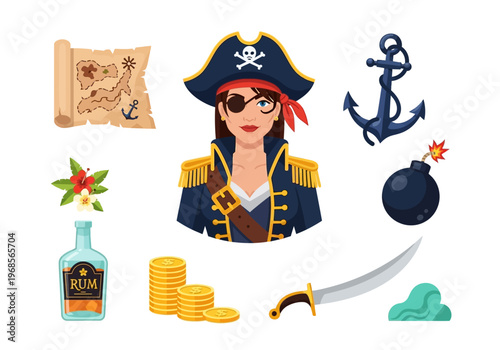 Female Pirate Captain Vector Illustration Set - Nautical Adventure Icons with Treasure Map, Sword, Gold Coins, Anchor, and Rum