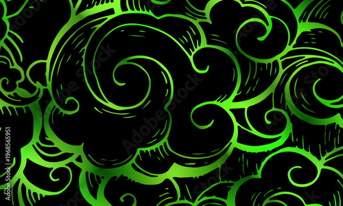 Japanese traditional cloud pattern hand drawn line art illustration. Black and green ethnic fabric art.