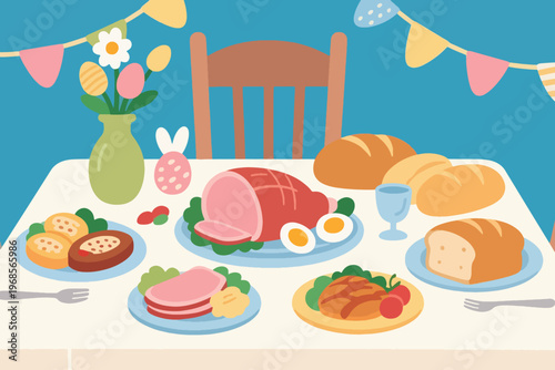 Various Food Dishes on the Table to Celebrate Easter Illustration Creative Design Template Background 