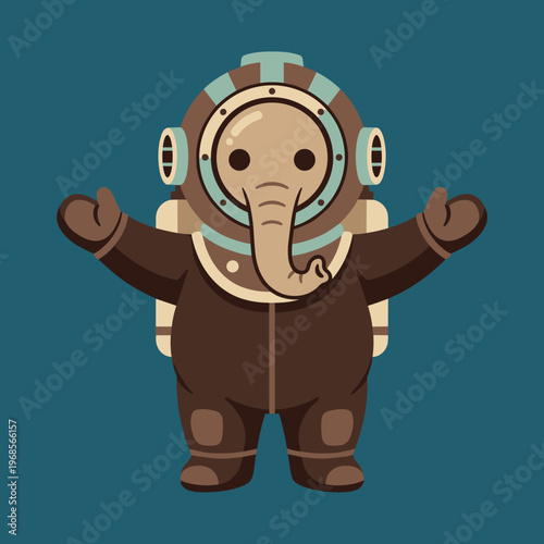 Cute Elephant Character in Vintage Deep Sea Diver Suit, Funny Animal Underwater Explorer with Helmet and Oxygen Tank, Marine Adventure and Ocean Discovery Vector Illustration